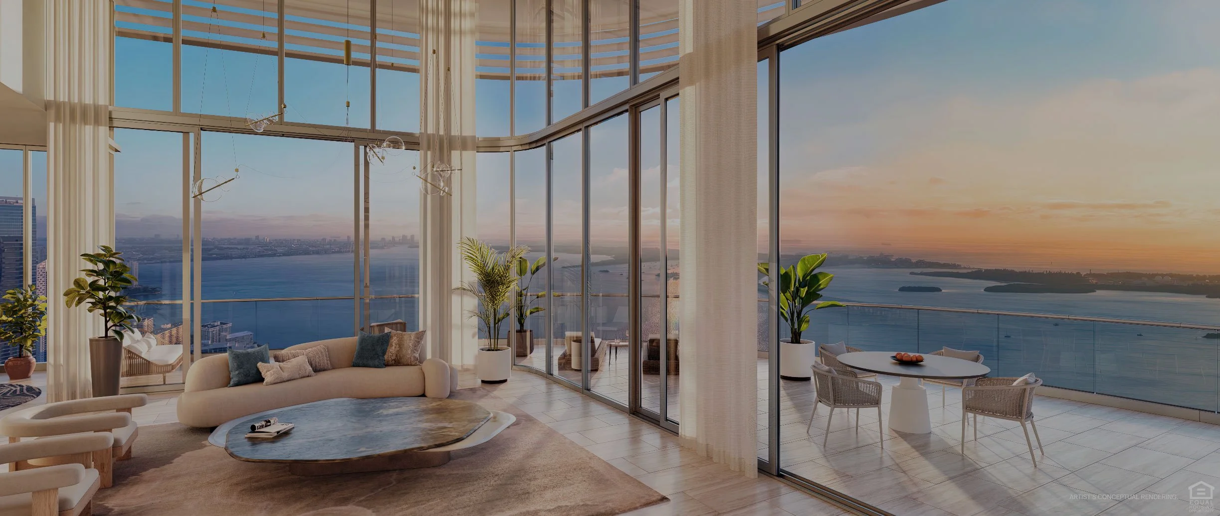 Waterfront penthouse overlooking Biscayne Bay at sunset